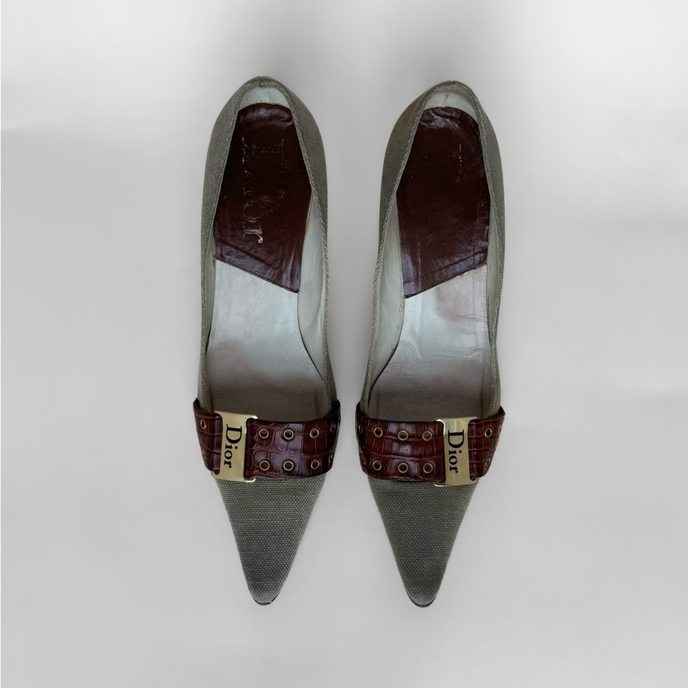 Vintage Christian Dior 2003 Green and Brown Pointed Toe Logo Pumps